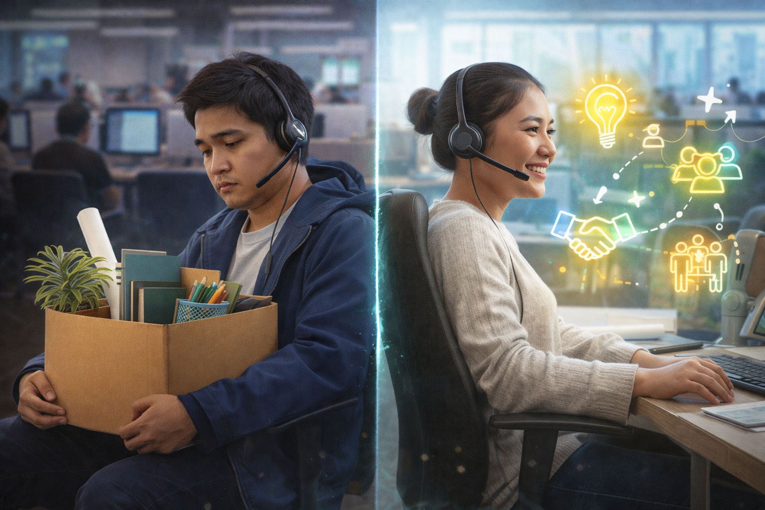 BPO employee turnover and retention concept showing a worker leaving and a call center agent staying