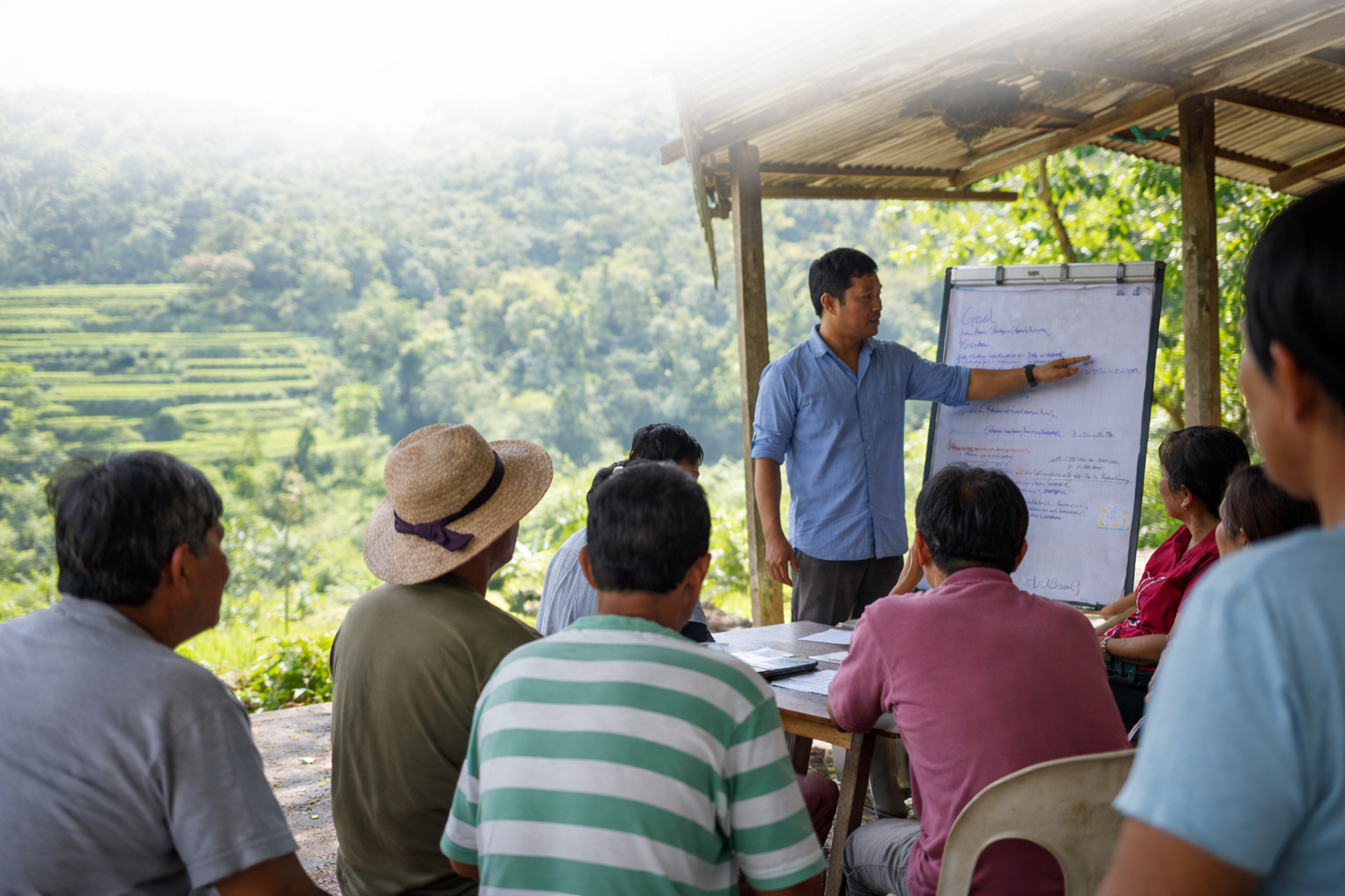 Business training session with farmers and cooperative members in a rural community setting