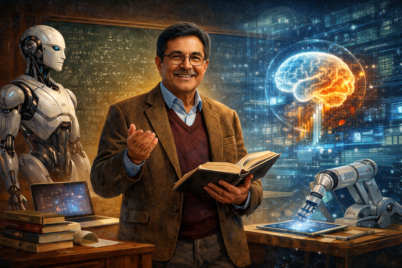 Filipino professor teaching beside AI technology, symbolizing that AI will redefine education but not replace human mentorship.