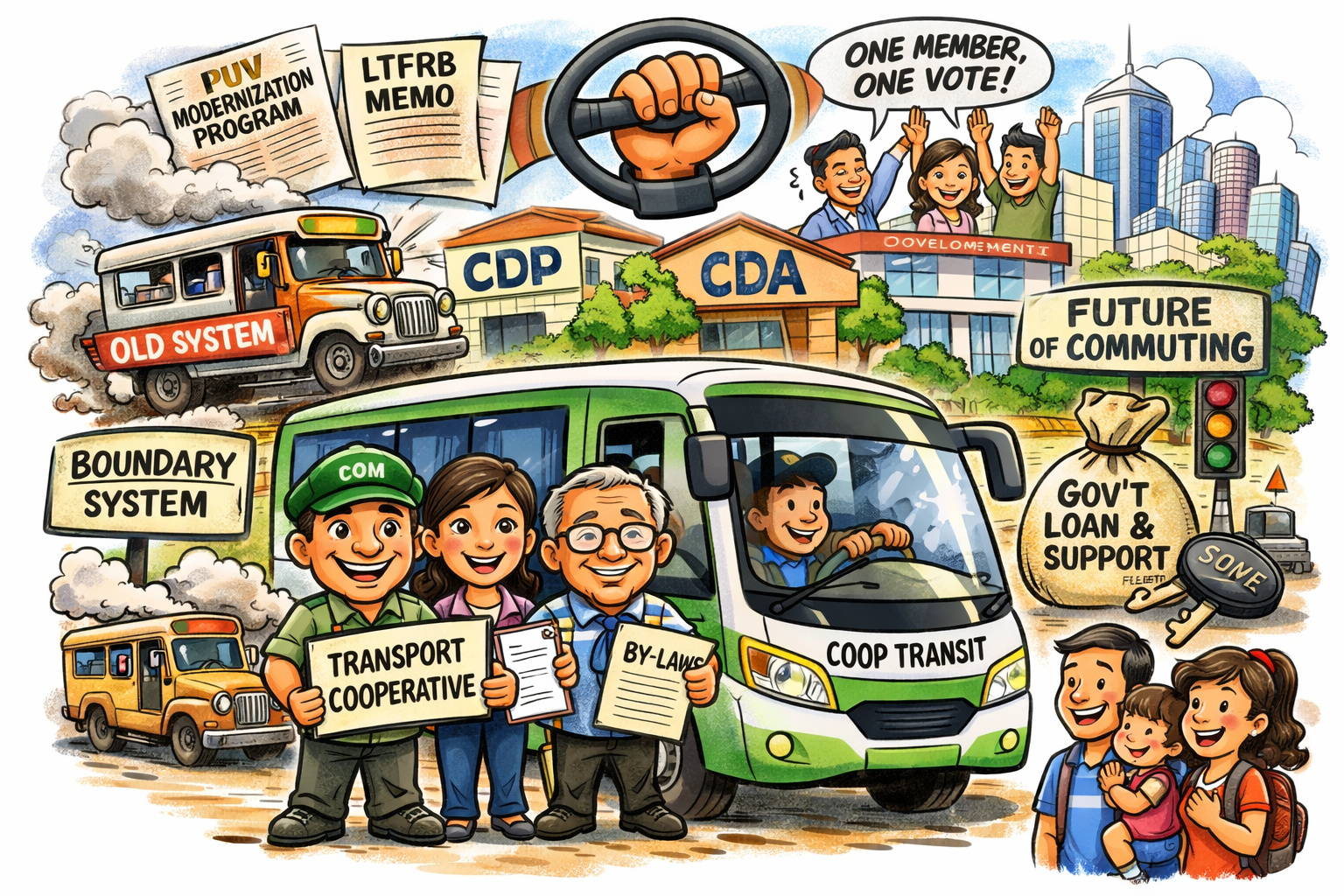 A modern cooperative minibus replaces the traditional jeepney as drivers and commuters unite under a transportation cooperative system.