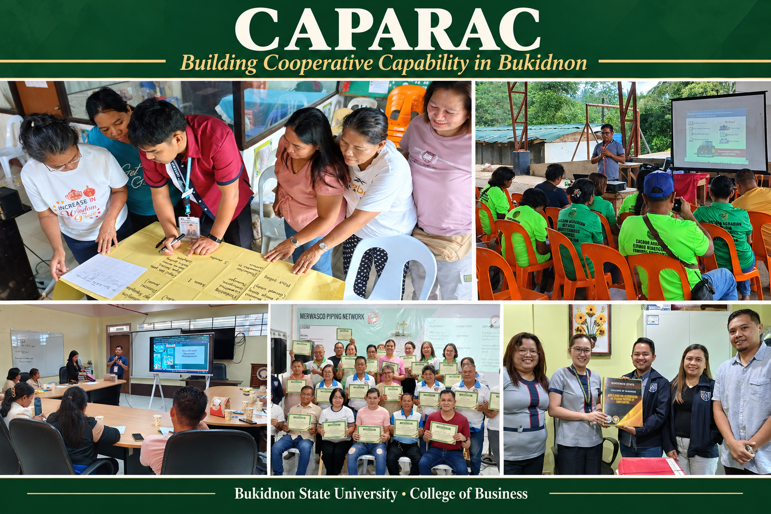 CAPARAC photo collage showing cooperative planning, community training, records-management instruction, participants holding certificates, and a university–CDA partnership engagement.